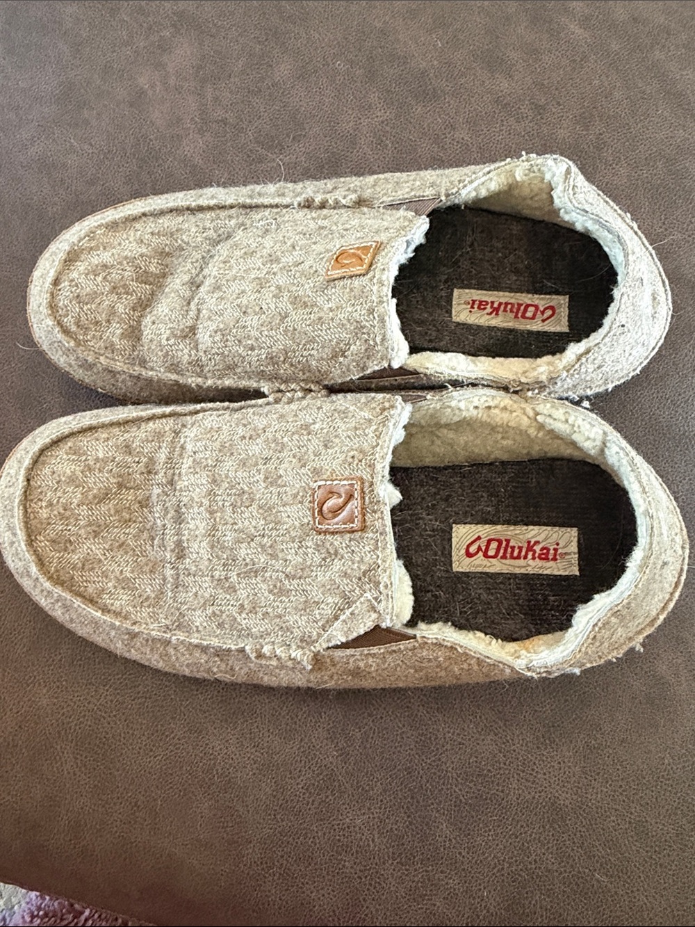 OluKai men’s Cozy Slip-On Slippers in Beige